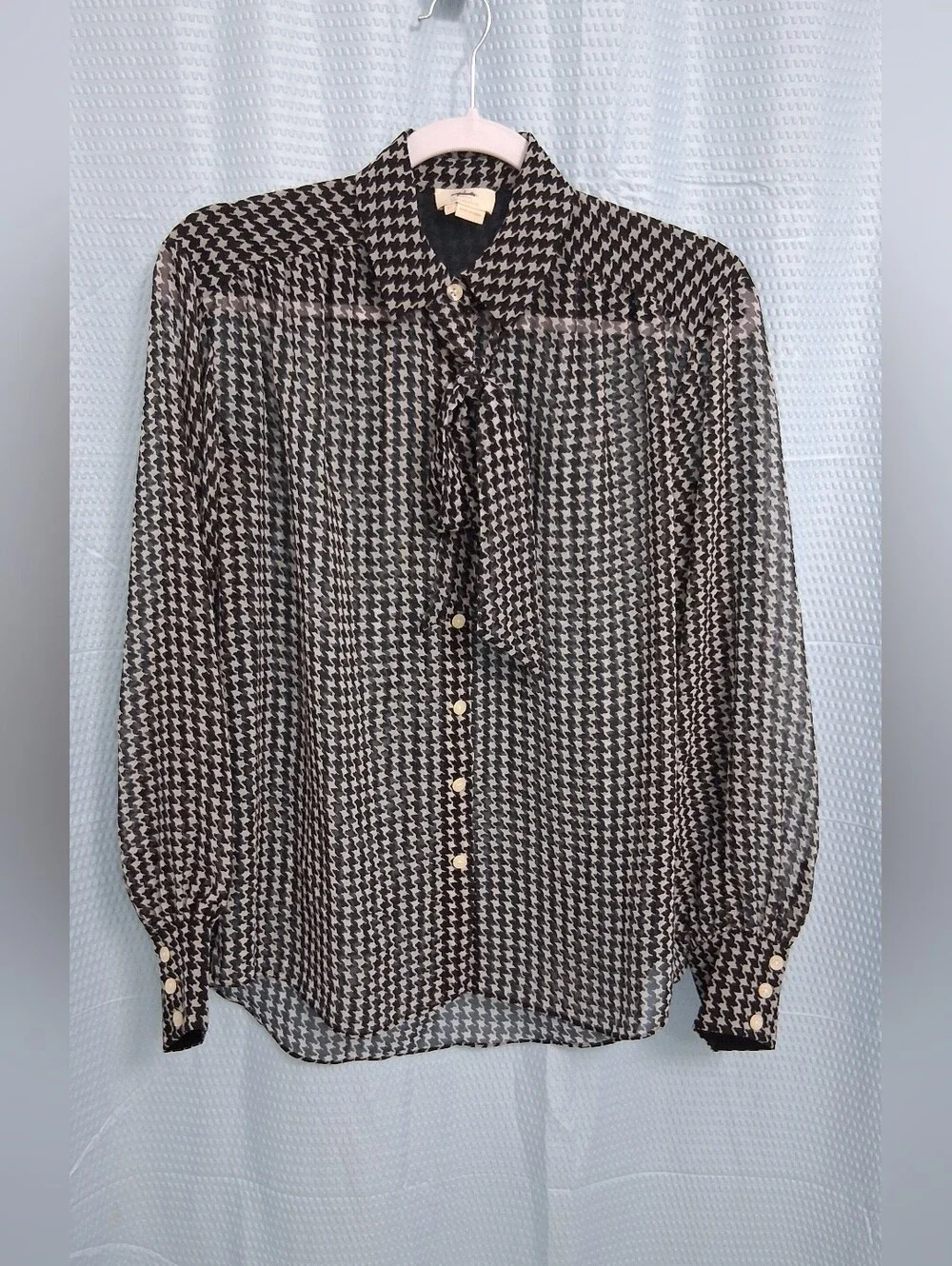 kate spade Black and White  Houndstooth Tie-Neck Sheer Blouse